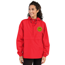 Load image into Gallery viewer, Get ready for smiles and compliments - Embroidered Champion Packable Unisex Jacket with a Smiley Retro Sticker!
