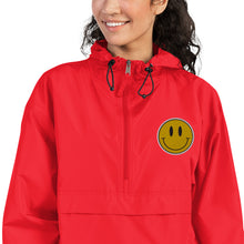 Load image into Gallery viewer, Stay cozy and smiley - Embroidered Champion Packable Unisex Jacket with a Smiley Retro Sticker!
